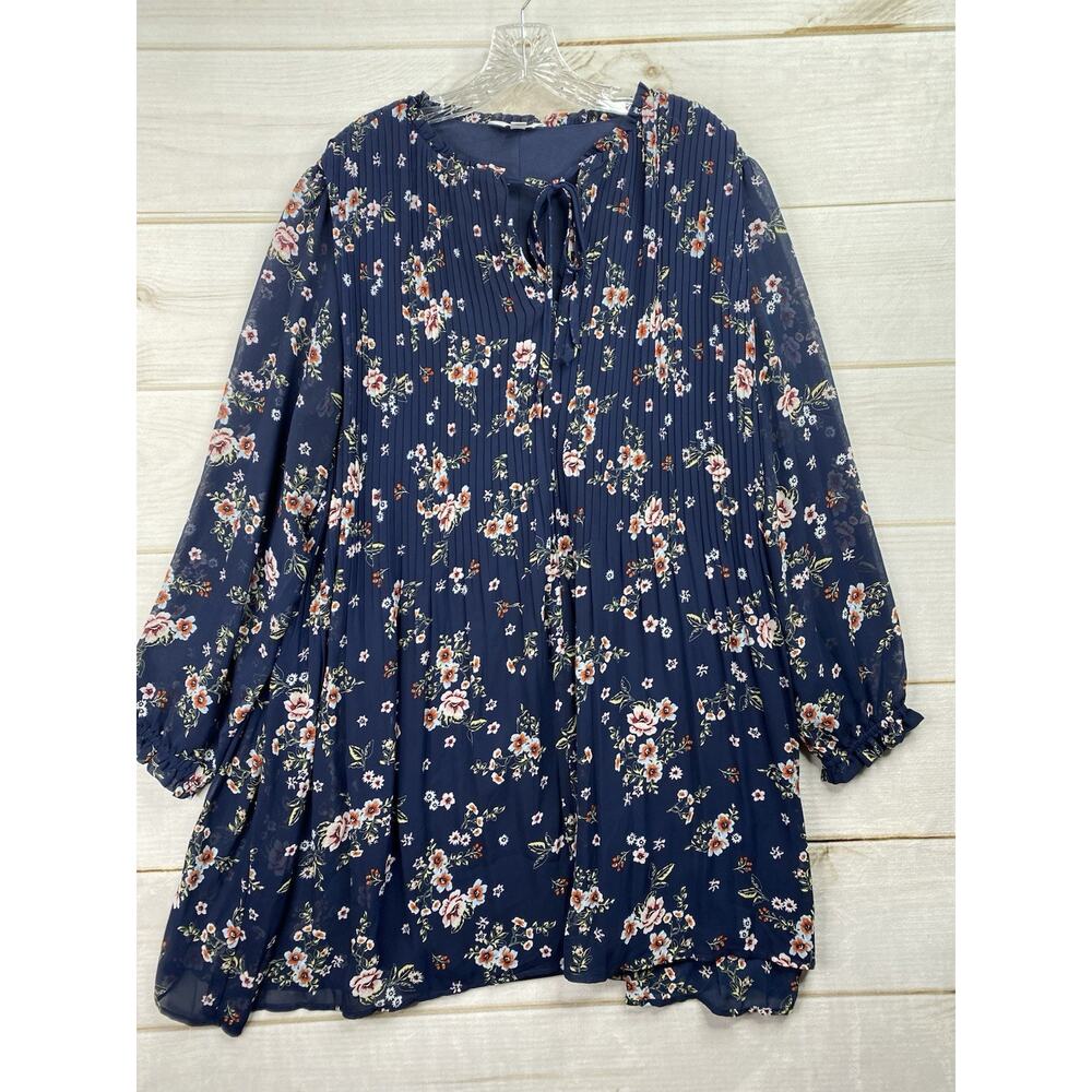 Time & Tru Dress XL 16/18 Blue Keyhole Floral Boho Hippie Pleated Lined Ruffle
